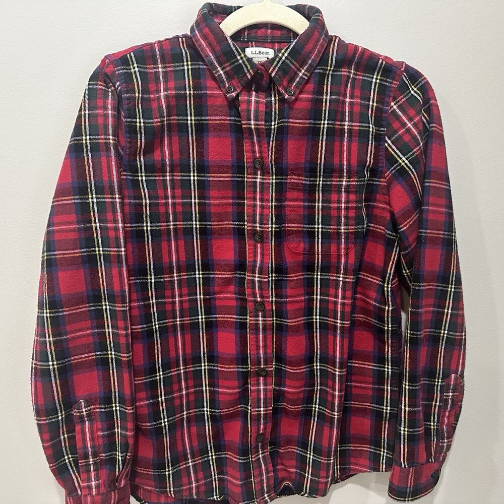 LL Bean Womens Extra Small Red Scotch Plaid Flannel Shirt
